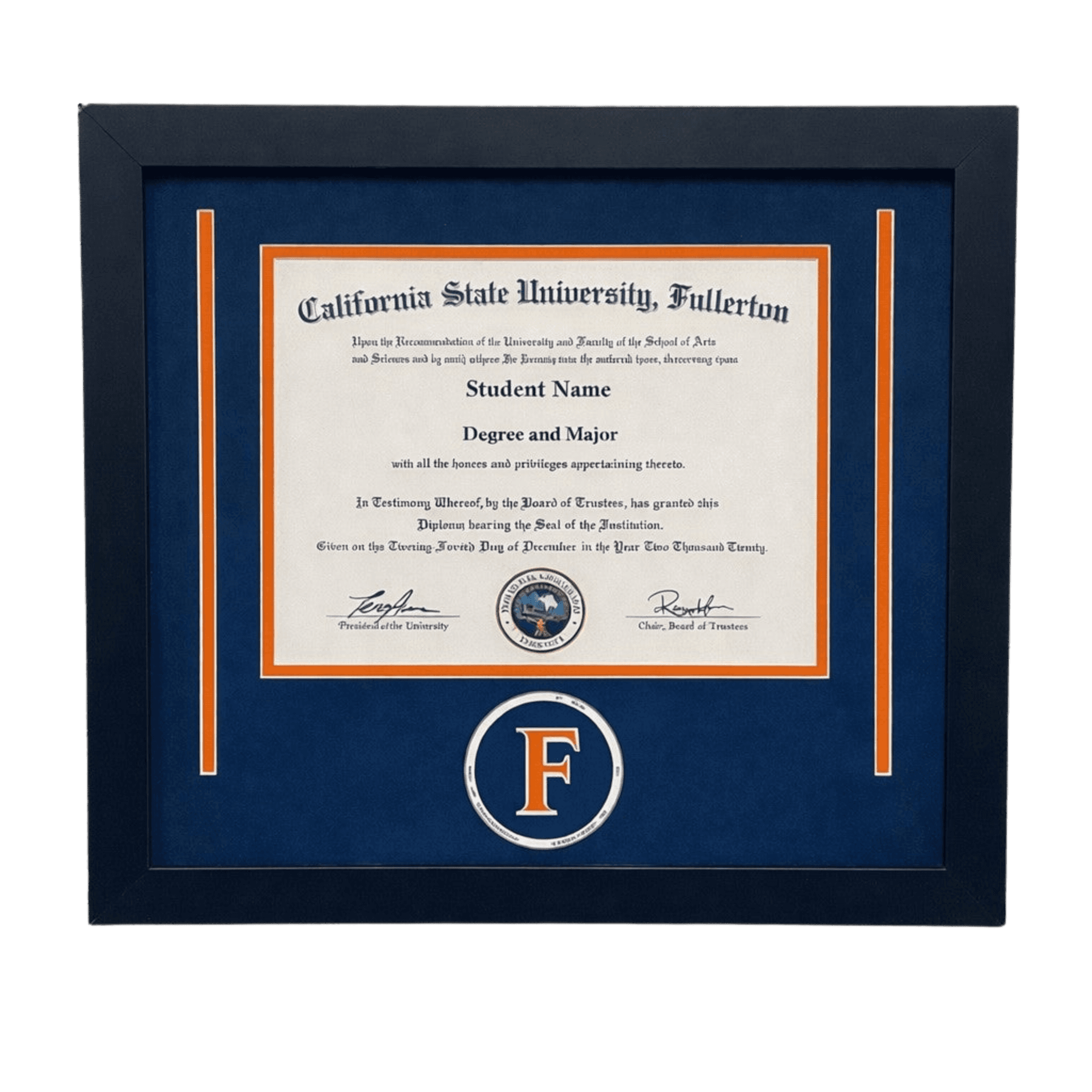 A framed Cal State Fullerton diploma by The Framing Collective in Newport Beach