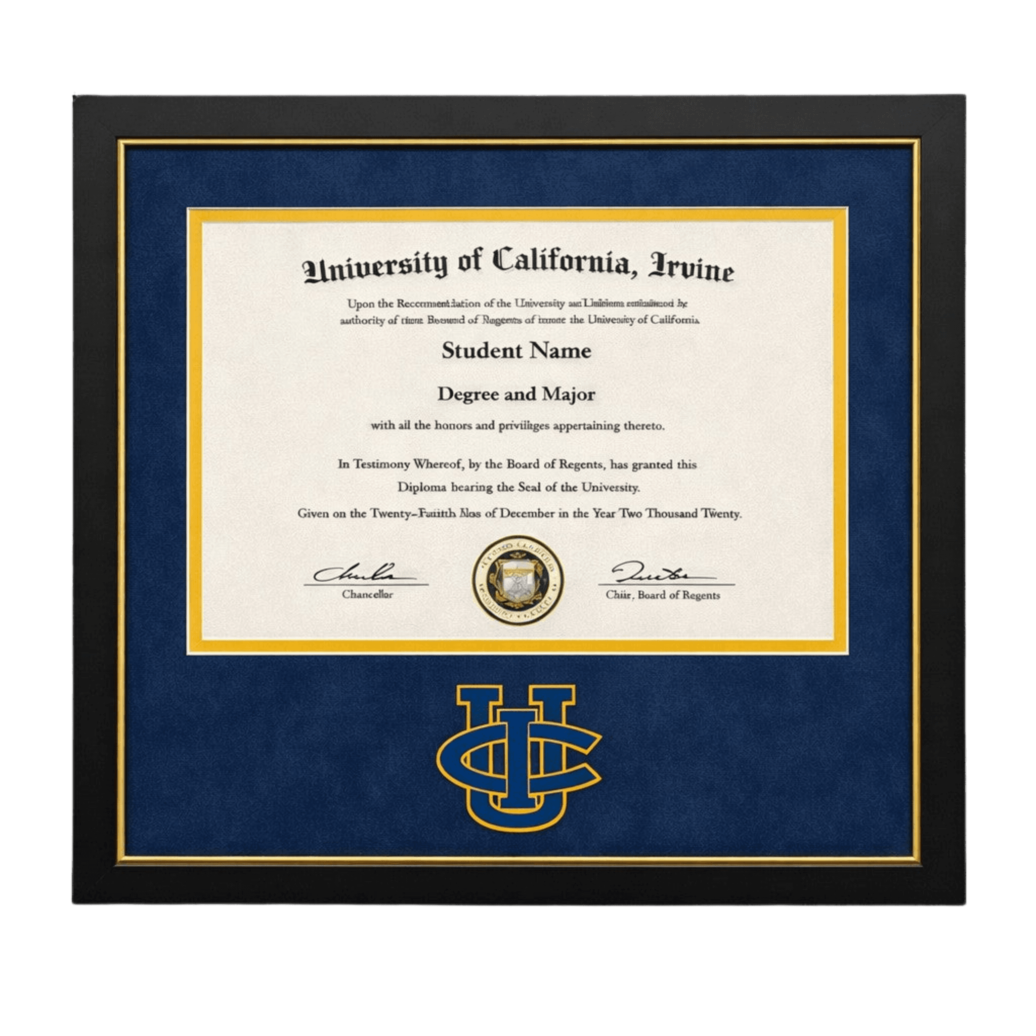 A framed UC Irvine diploma by The Framing Collective in Newport Beach