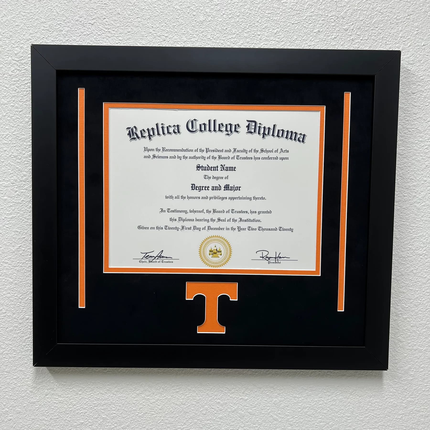 Refined diploma framing with custom matting and crisp detail.